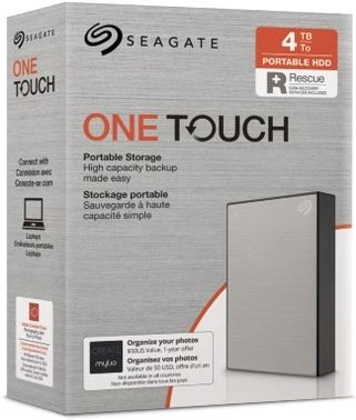 Seagate One Touch Portable HDD, Silver, 4TB, +Rescue, USB 3.0 Micro-B